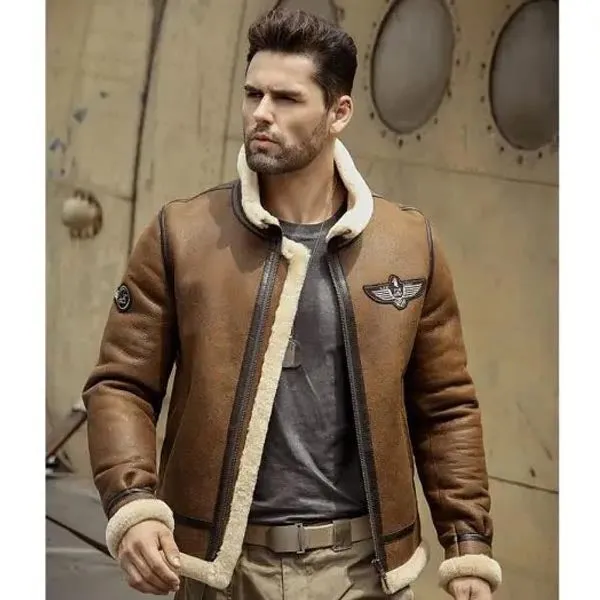 Men's Brown B3 RAF Aviator Shearling Motorcycle Jacket Sheepskin Coat