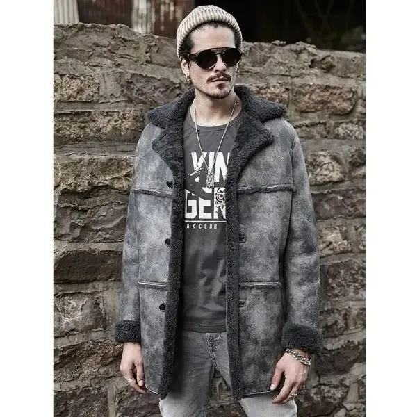 Men's Waxed Brown Leather Shearling Fur Long Trench Coat