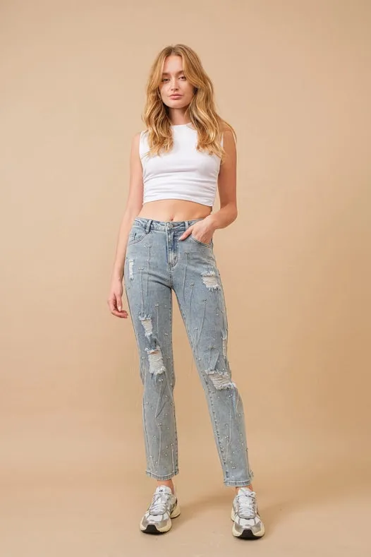 Mid Rise Rhinestone Fringe Denim Jeans Light Wash