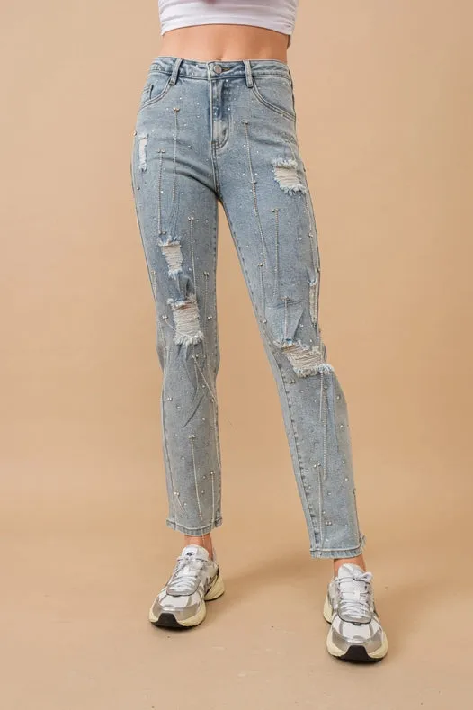 Mid Rise Rhinestone Fringe Denim Jeans Light Wash