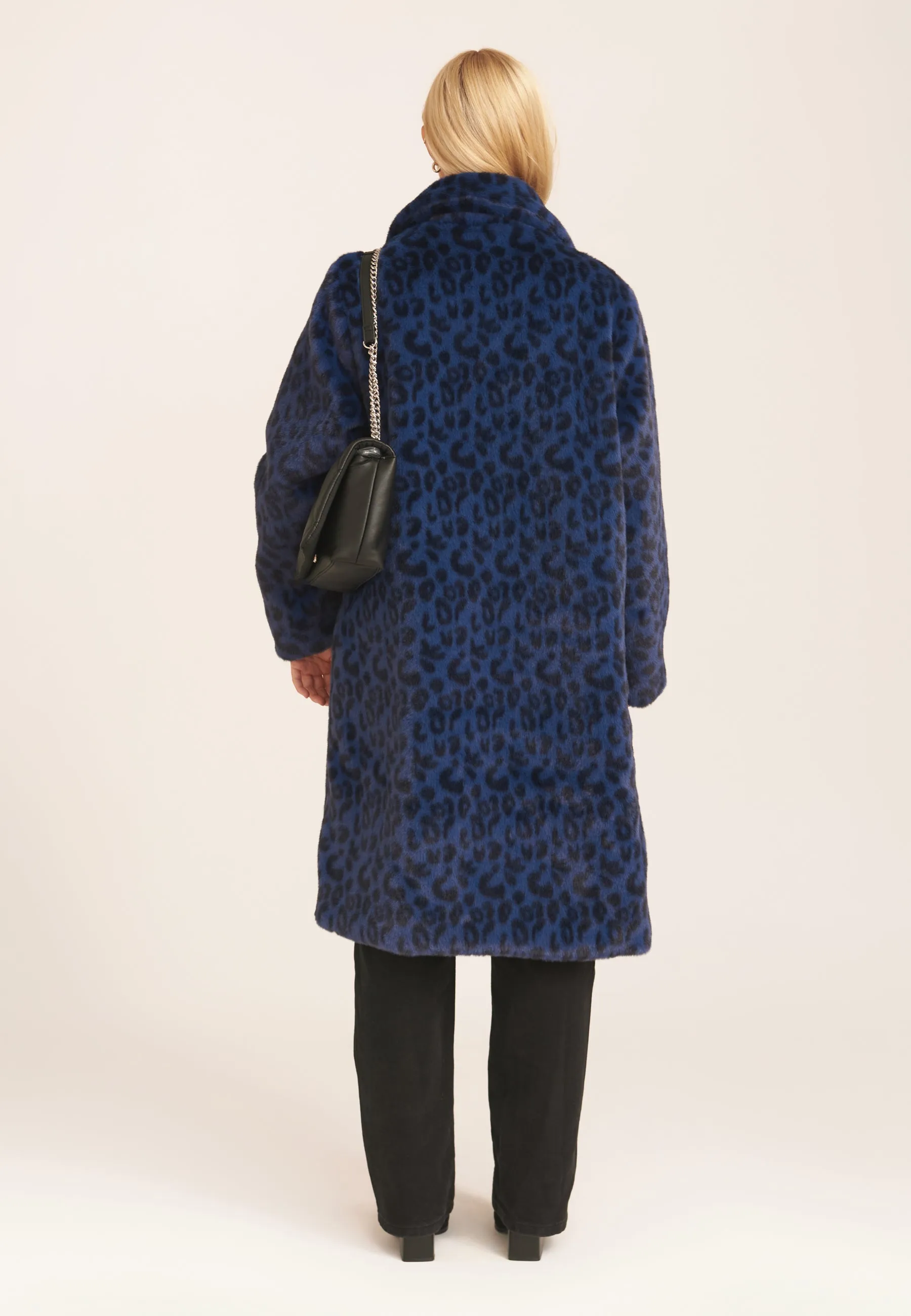 Navy Leopard Double Breasted Longline Faux Fur Coat