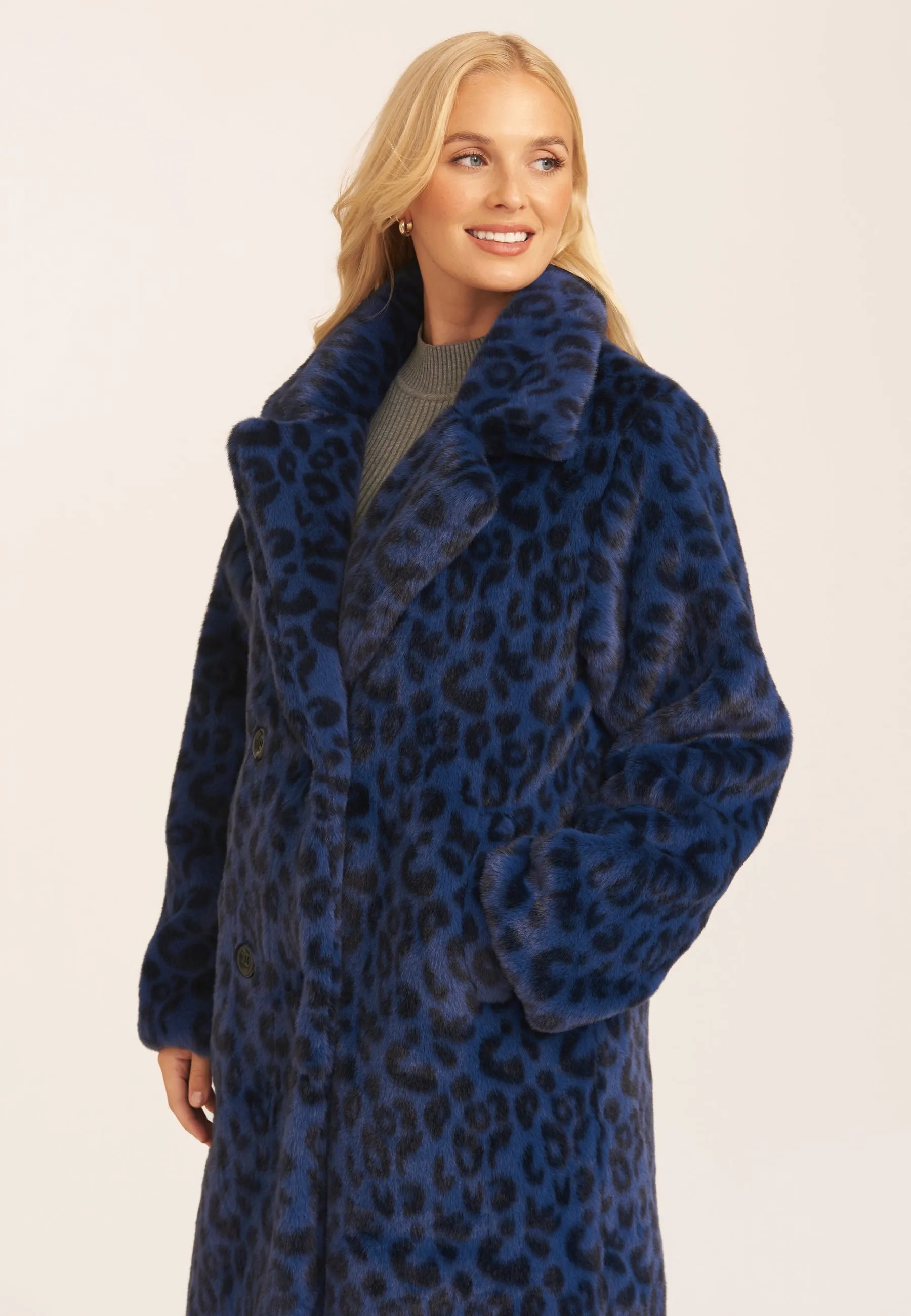 Navy Leopard Double Breasted Longline Faux Fur Coat