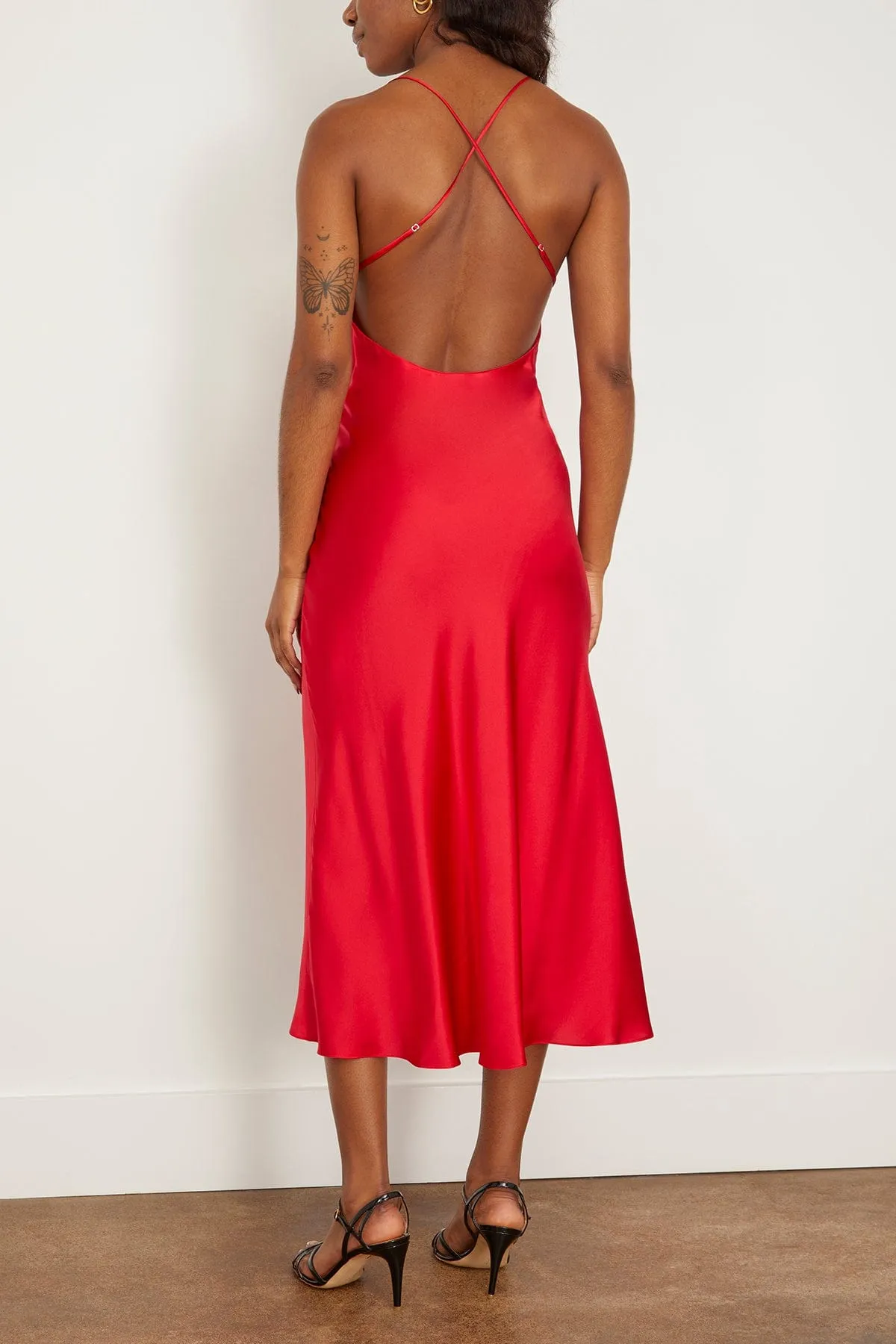 Open Cross Back Midi Slip Dress in Crimson Red