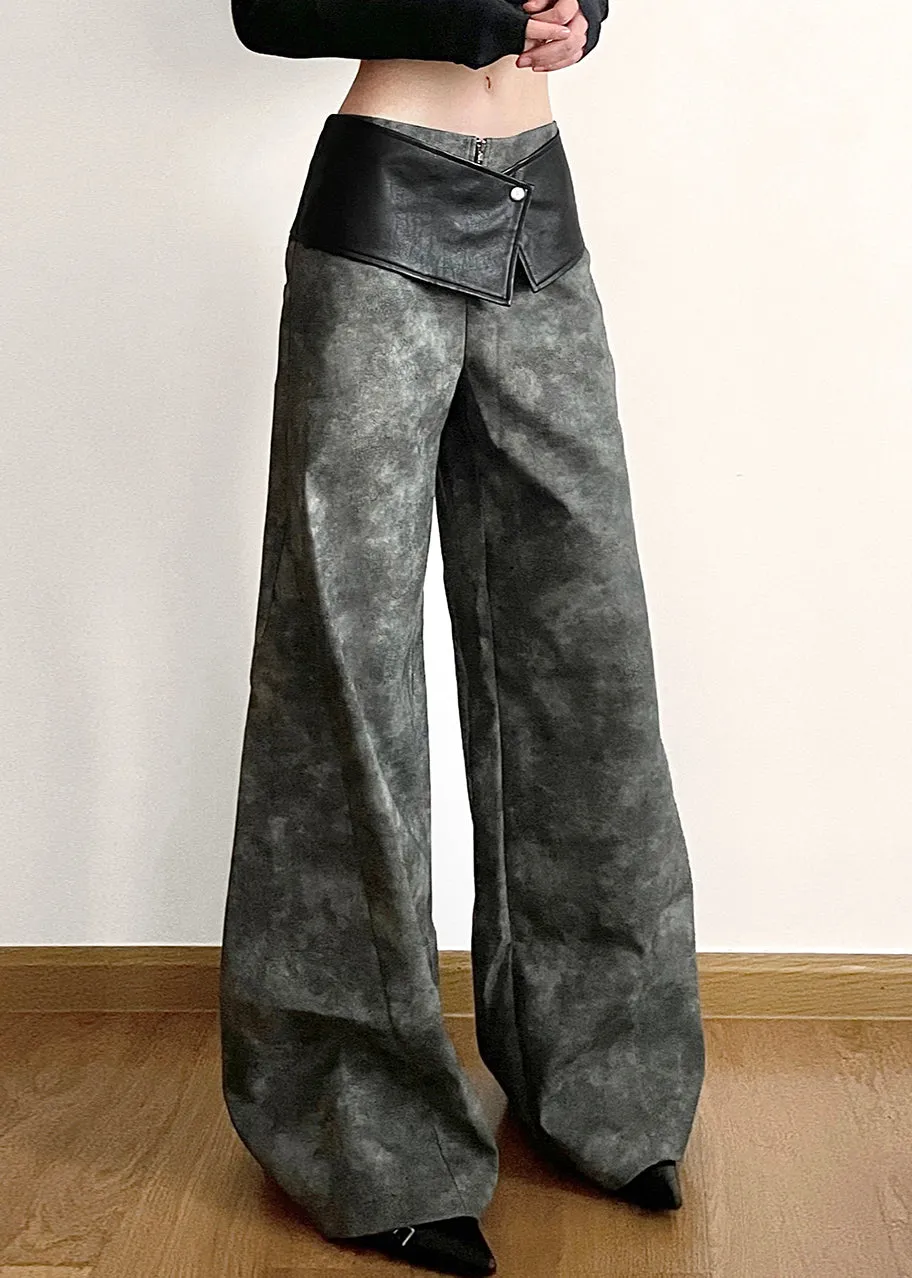 Original Dark Gray High Waist Patchwork Faux Leather Pants Fall PP025