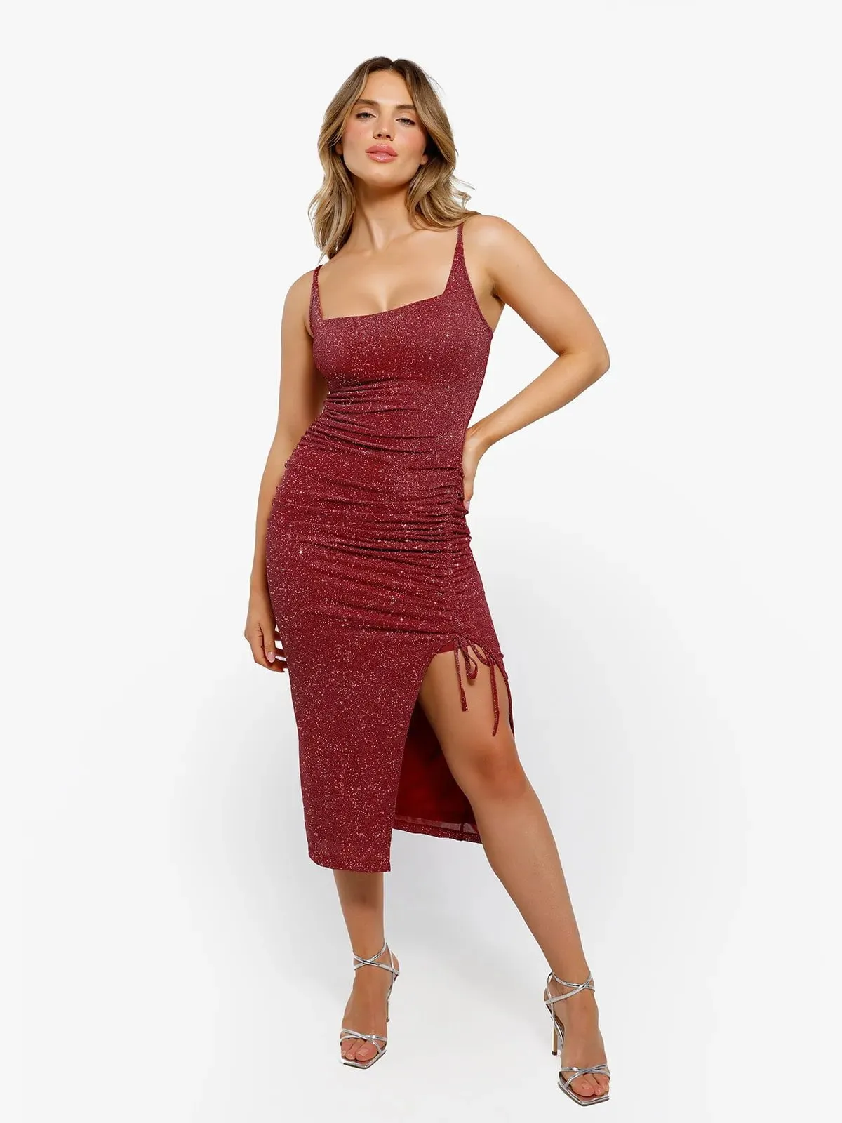 Shapewear Metallic Knit Bodycon Sculpting Midi Slip Dress