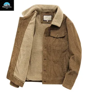 Vintage Khaki Corduroy Men's Winter Jacket Thickened Fleece-lined Warm Parka with Retro Hunting Fur Collar Windproof Coat