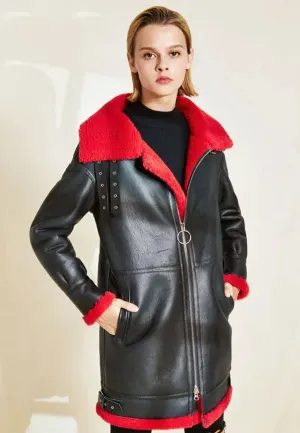 Women’s Black Leather Red Shearling Long Coat