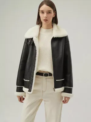 Women’s Black Leather White Shearling Collar Fur Jacket