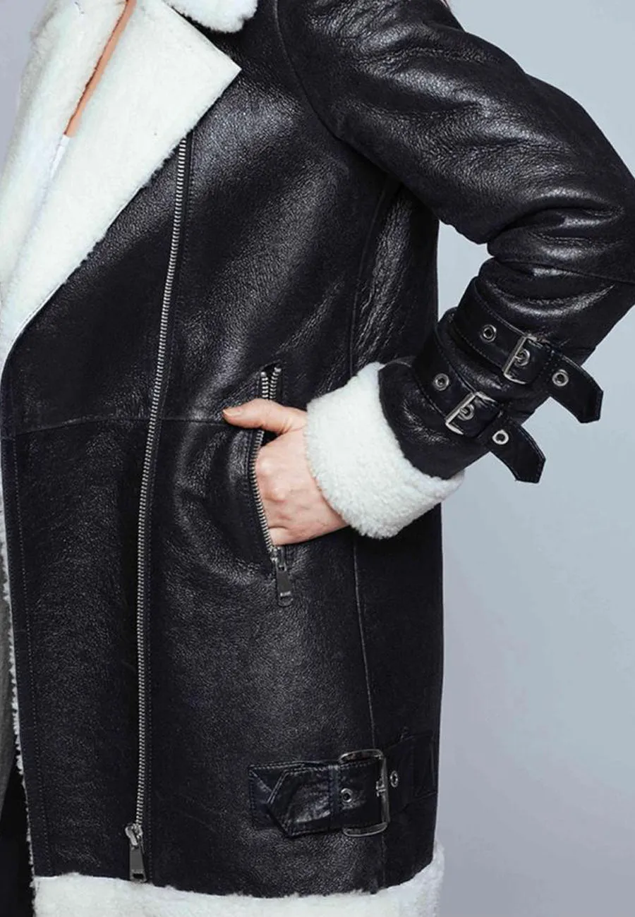 Women’s Black Leather White Shearling Long Coat